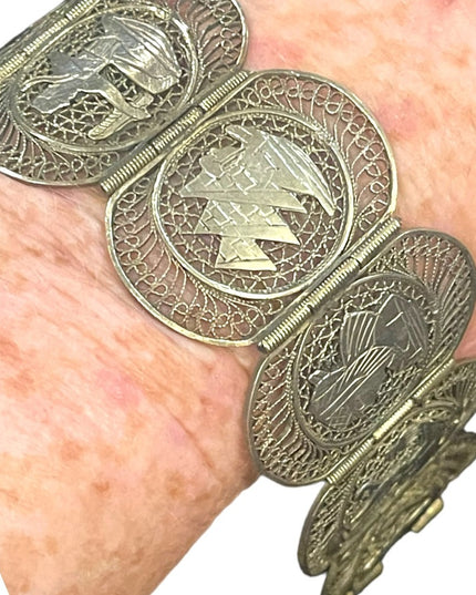 Antique 800 silver filagree Egyptian egypt etched symbols Large bracelet