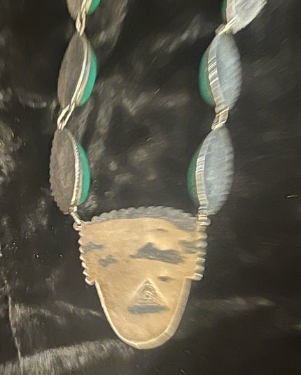 Vintage sterling silver 925 Green ONYX Aztec Mayan Necklace Mexico ACE Hallmark