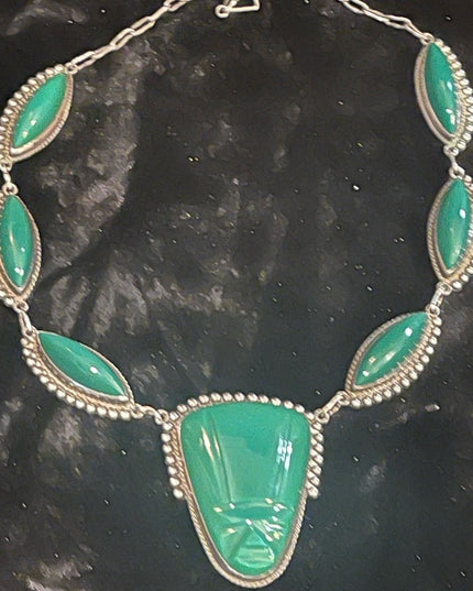 Vintage sterling silver 925 Green ONYX Aztec Mayan Necklace Mexico ACE Hallmark