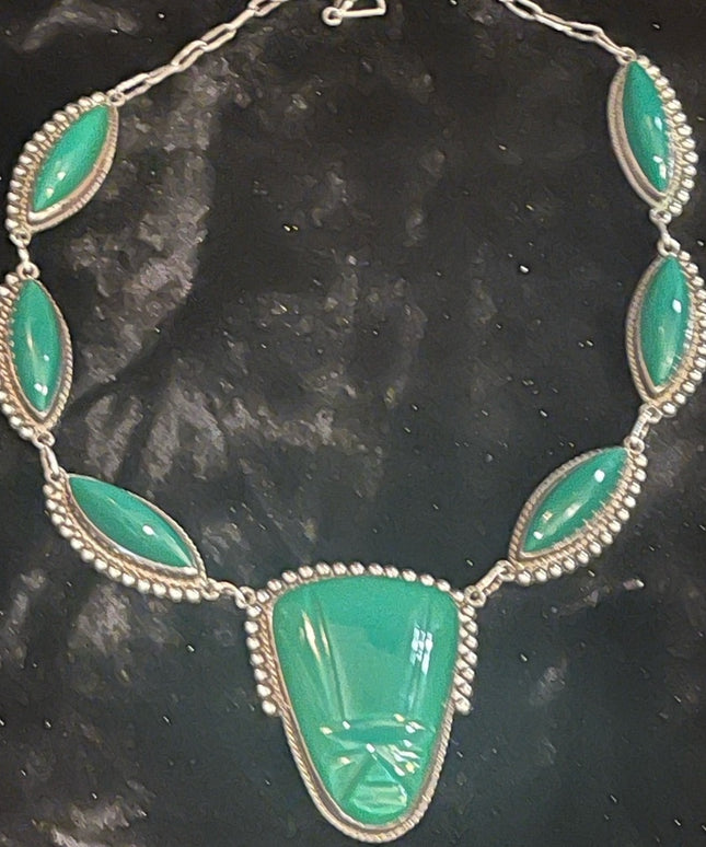 Vintage sterling silver 925 Green ONYX Aztec Mayan Necklace Mexico ACE Hallmark