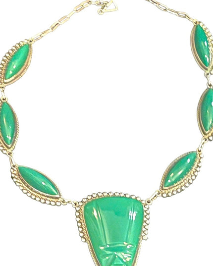 Vintage sterling silver 925 Green ONYX Aztec Mayan Necklace Mexico ACE Hallmark