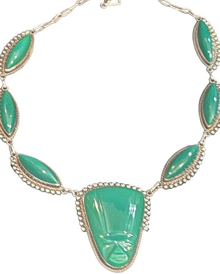 Vintage sterling silver 925 Green ONYX Aztec Mayan Necklace Mexico ACE Hallmark