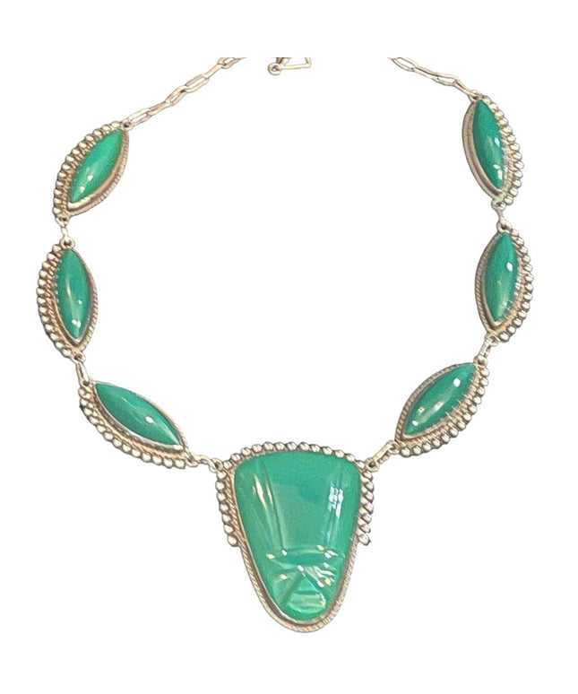 Vintage sterling silver 925 Green ONYX Aztec Mayan Necklace Mexico ACE Hallmark