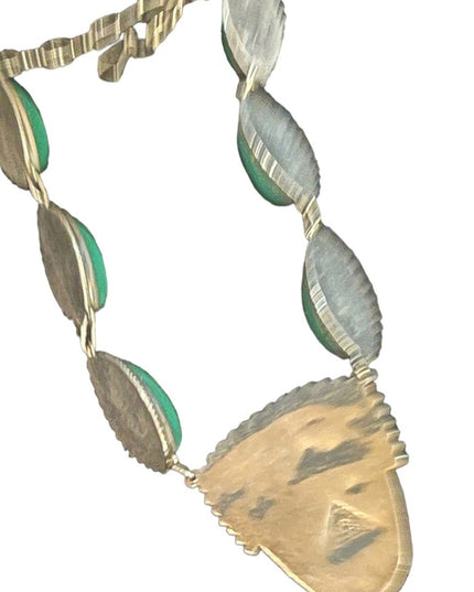 Vintage sterling silver 925 Green ONYX Aztec Mayan Necklace Mexico ACE Hallmark