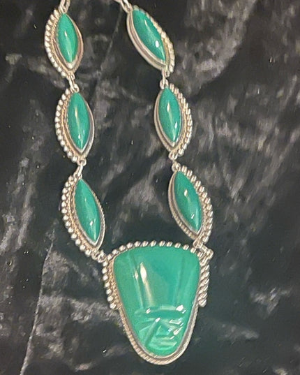 Vintage sterling silver 925 Green ONYX Aztec Mayan Necklace Mexico ACE Hallmark
