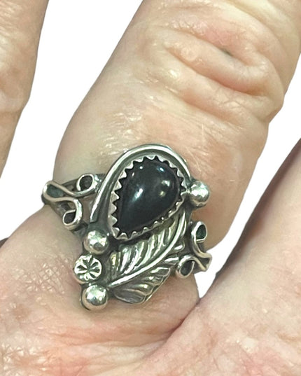 Vintage Navajo Southwest Pure Sterling B Hallmark Black Onyx Cab Ring Size 7