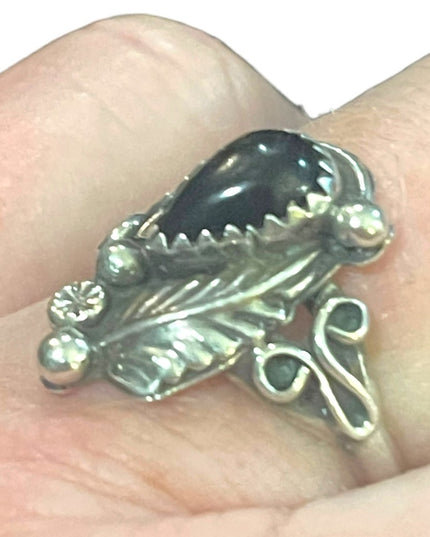 Vintage Navajo Southwest Pure Sterling B Hallmark Black Onyx Cab Ring Size 7