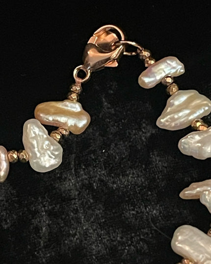 Stunning Lucas Lameth Biwa Pearl gold crystal bead necklace 925 rose Sterling