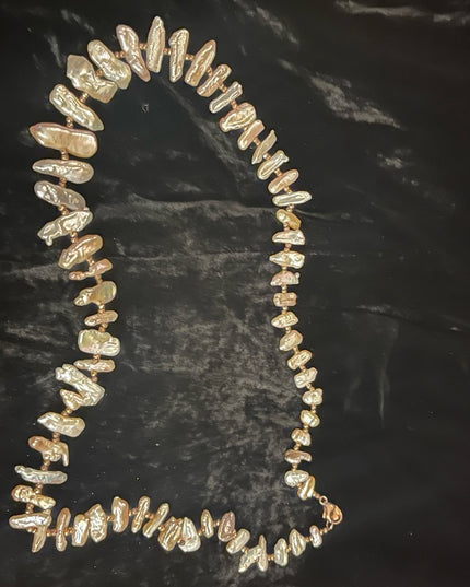Stunning Lucas Lameth Biwa Pearl gold crystal bead necklace 925 rose Sterling