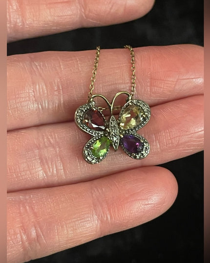 Sterling silver Italy gold plated Multi gemstone butterfly pendant necklace