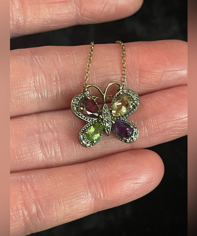 Sterling silver Italy gold plated Multi gemstone butterfly pendant necklace