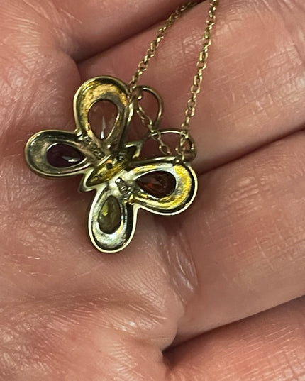 Sterling silver Italy gold plated Multi gemstone butterfly pendant necklace