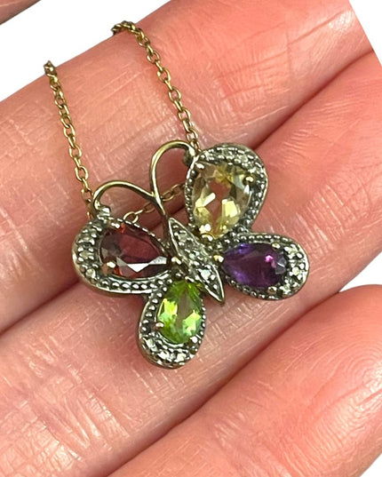 Sterling silver Italy gold plated Multi gemstone butterfly pendant necklace