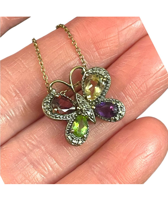 Sterling silver Italy gold plated Multi gemstone butterfly pendant necklace
