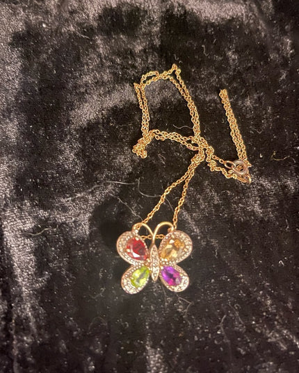 Sterling silver Italy gold plated Multi gemstone butterfly pendant necklace