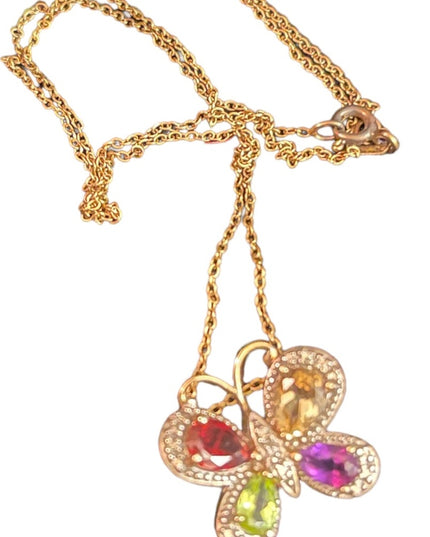 Sterling silver Italy gold plated Multi gemstone butterfly pendant necklace