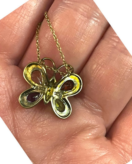 Sterling silver Italy gold plated Multi gemstone butterfly pendant necklace