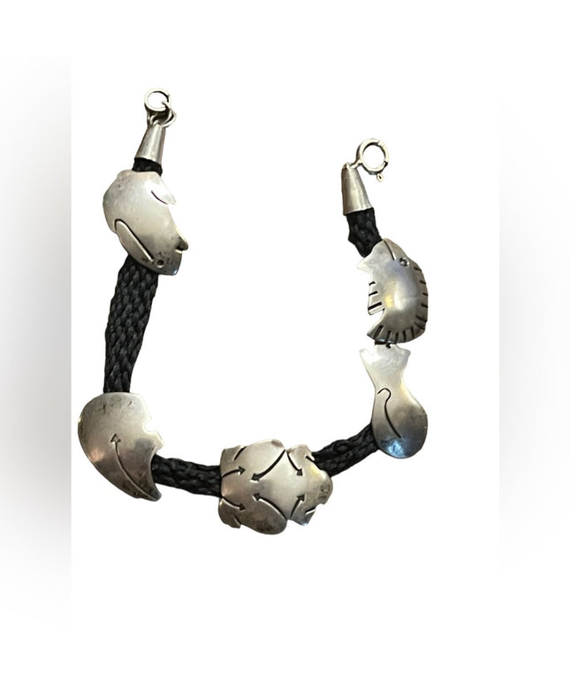 Vintage sterling silver southwestern Native handmade symbol bracelet bear fish