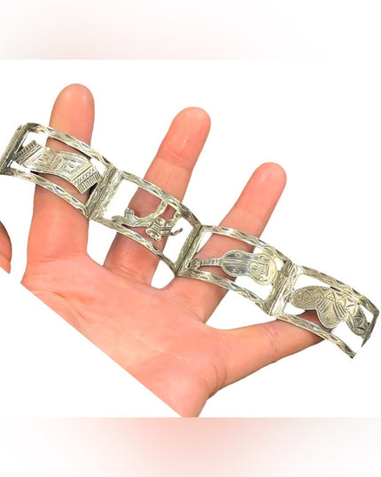 Sterling Silver story panel bracelet signed JCM Mexico eagle assay Taxco