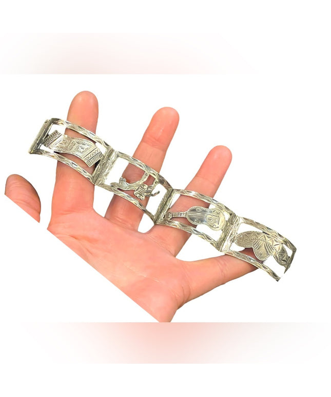 Sterling Silver story panel bracelet signed JCM Mexico eagle assay Taxco