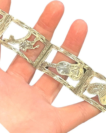 Sterling Silver story panel bracelet signed JCM Mexico eagle assay Taxco