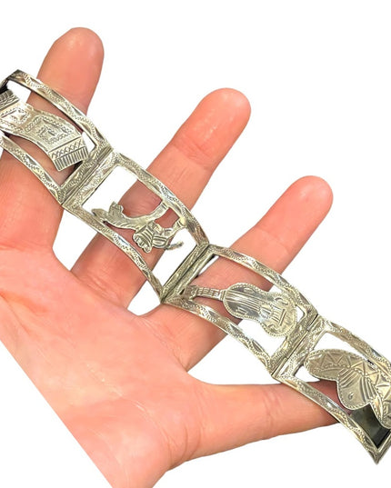 Sterling Silver story panel bracelet signed JCM Mexico eagle assay Taxco