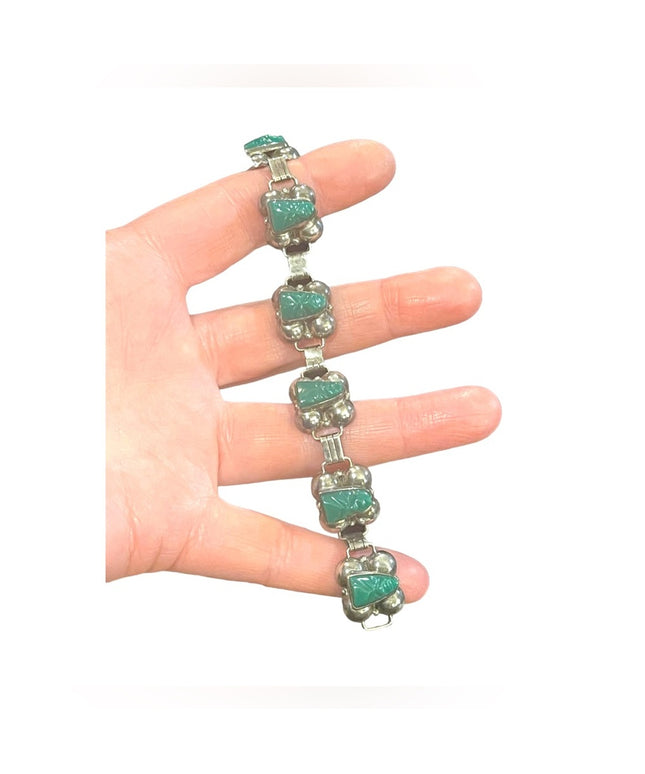 VTG Talleres De Los Ballesteros Green Onyx Sterling Silver Bracelet Mexico, 925