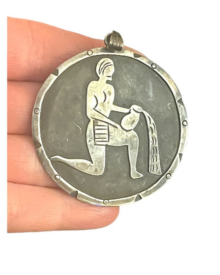 Vintage ZODIAC EPM Taxco Mexico Sterling silver pendant Waterman Aquarius