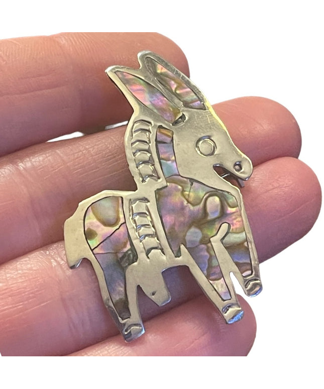 Vintage SC taxco Mexico Artian Sterling silver 925 Abalone DONKEY brooch 💗