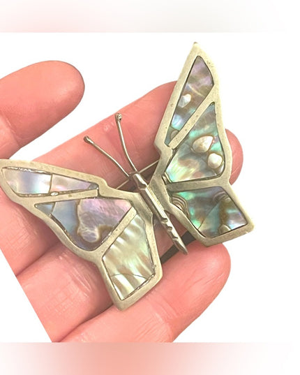 Large Sterling silver? Hecho En Mexico Abalone Butterfly brooch