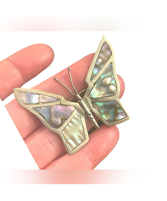 Large Sterling silver? Hecho En Mexico Abalone Butterfly brooch