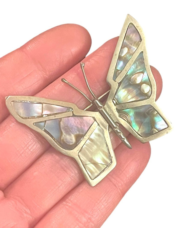 Large Sterling silver? Hecho En Mexico Abalone Butterfly brooch