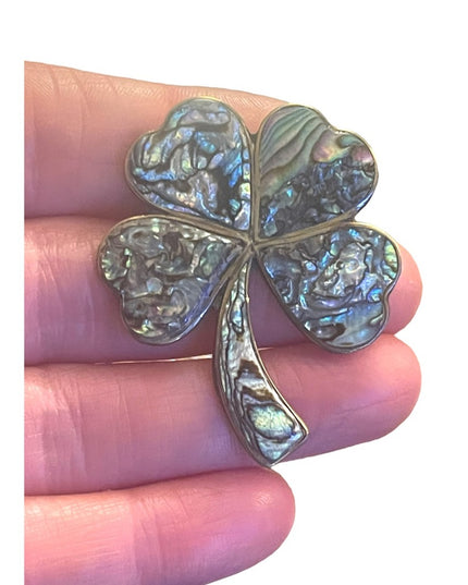 Vintage mid century silver Abalone Alpaca 4 leaf clover
