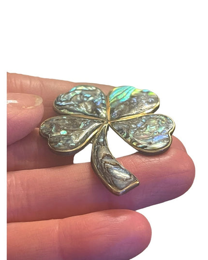 Vintage mid century silver Abalone Alpaca 4 leaf clover