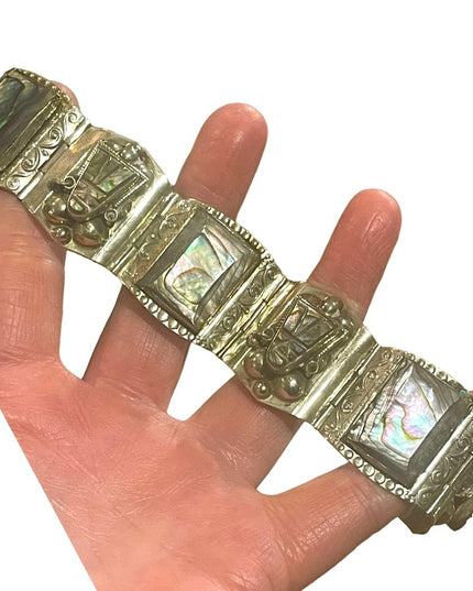 Vintage Mid century Alpaca Silver Taxco Mexican Abalone Warrior Bracelet