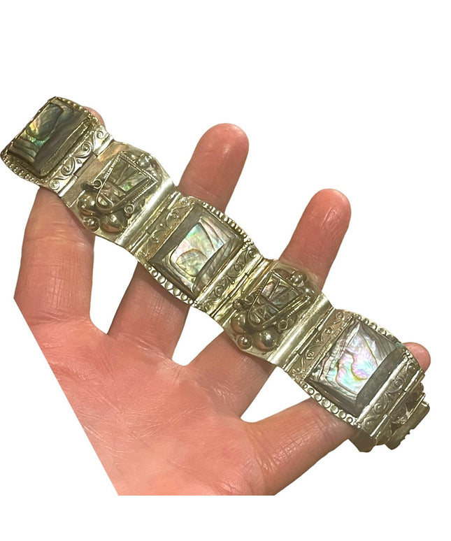 Vintage Mid century Alpaca Silver Taxco Mexican Abalone Warrior Bracelet