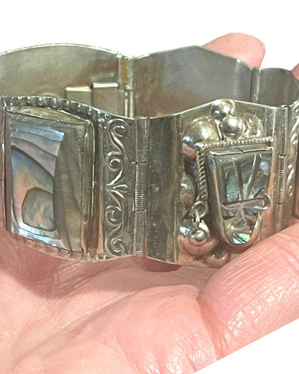 Vintage Mid century Alpaca Silver Taxco Mexican Abalone Warrior Bracelet