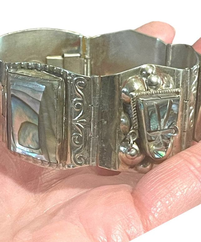 Vintage Mid century Alpaca Silver Taxco Mexican Abalone Warrior Bracelet