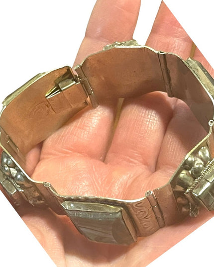 Vintage Mid century Alpaca Silver Taxco Mexican Abalone Warrior Bracelet