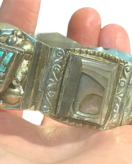 Vintage Mid century Alpaca Silver Taxco Mexican Abalone Warrior Bracelet