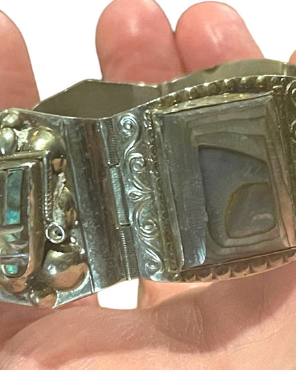 Vintage Mid century Alpaca Silver Taxco Mexican Abalone Warrior Bracelet