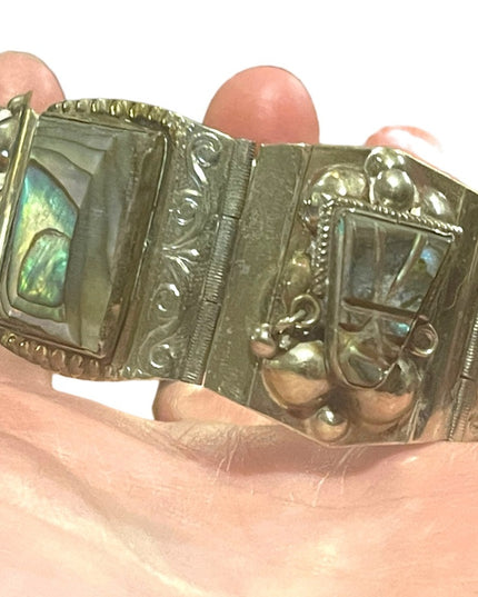 Vintage Mid century Alpaca Silver Taxco Mexican Abalone Warrior Bracelet
