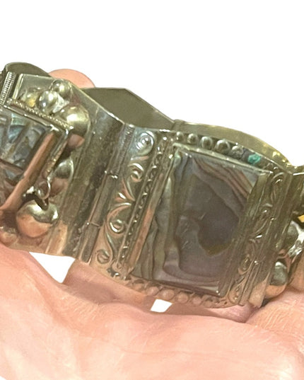 Vintage Mid century Alpaca Silver Taxco Mexican Abalone Warrior Bracelet