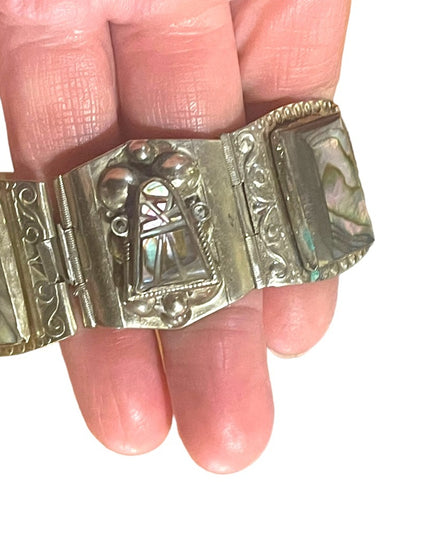 Vintage Mid century Alpaca Silver Taxco Mexican Abalone Warrior Bracelet