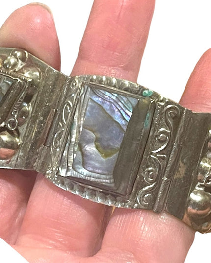 Vintage Mid century Alpaca Silver Taxco Mexican Abalone Warrior Bracelet