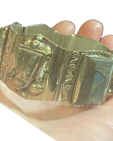 Vintage Mid century Alpaca Silver Taxco Mexican Abalone Warrior Bracelet