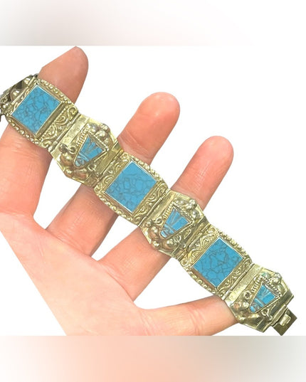 Vintage Mexico Alpaca silver Simulated turquoise mayan Aztec warrior bracelet