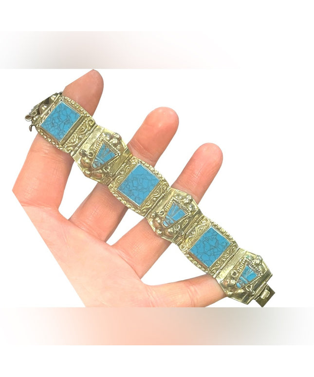 Vintage Mexico Alpaca silver Simulated turquoise mayan Aztec warrior bracelet