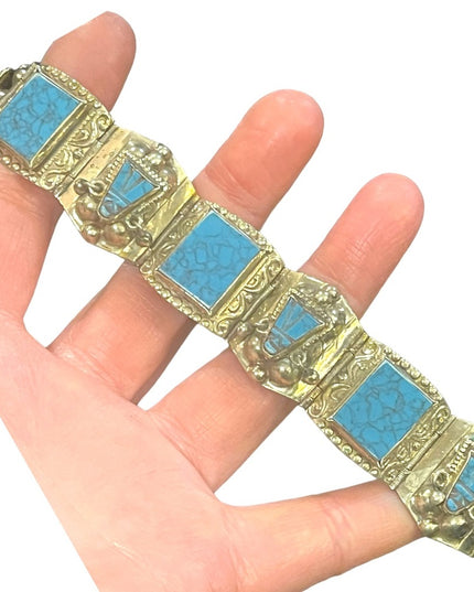 Vintage Mexico Alpaca silver Simulated turquoise mayan Aztec warrior bracelet