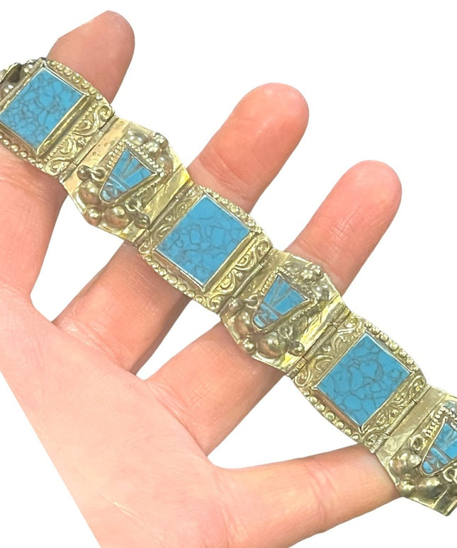 Vintage Mexico Alpaca silver Simulated turquoise mayan Aztec warrior bracelet